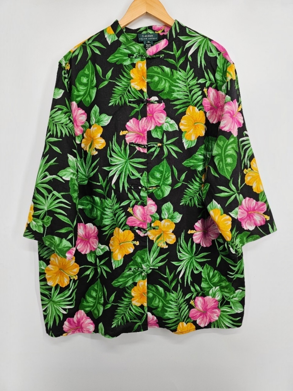 Vintage Lauren Ralph Lauren 3X Linen Tropical Hibiscus Frog Closure Jacket Tunic